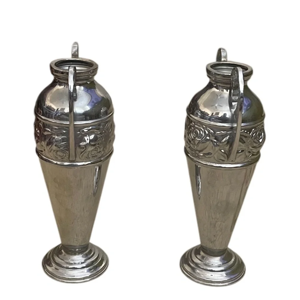 Pair Of  Silver Plated Urn Vase Embossed Relief Ornate Pattern Band And‎ Handles
